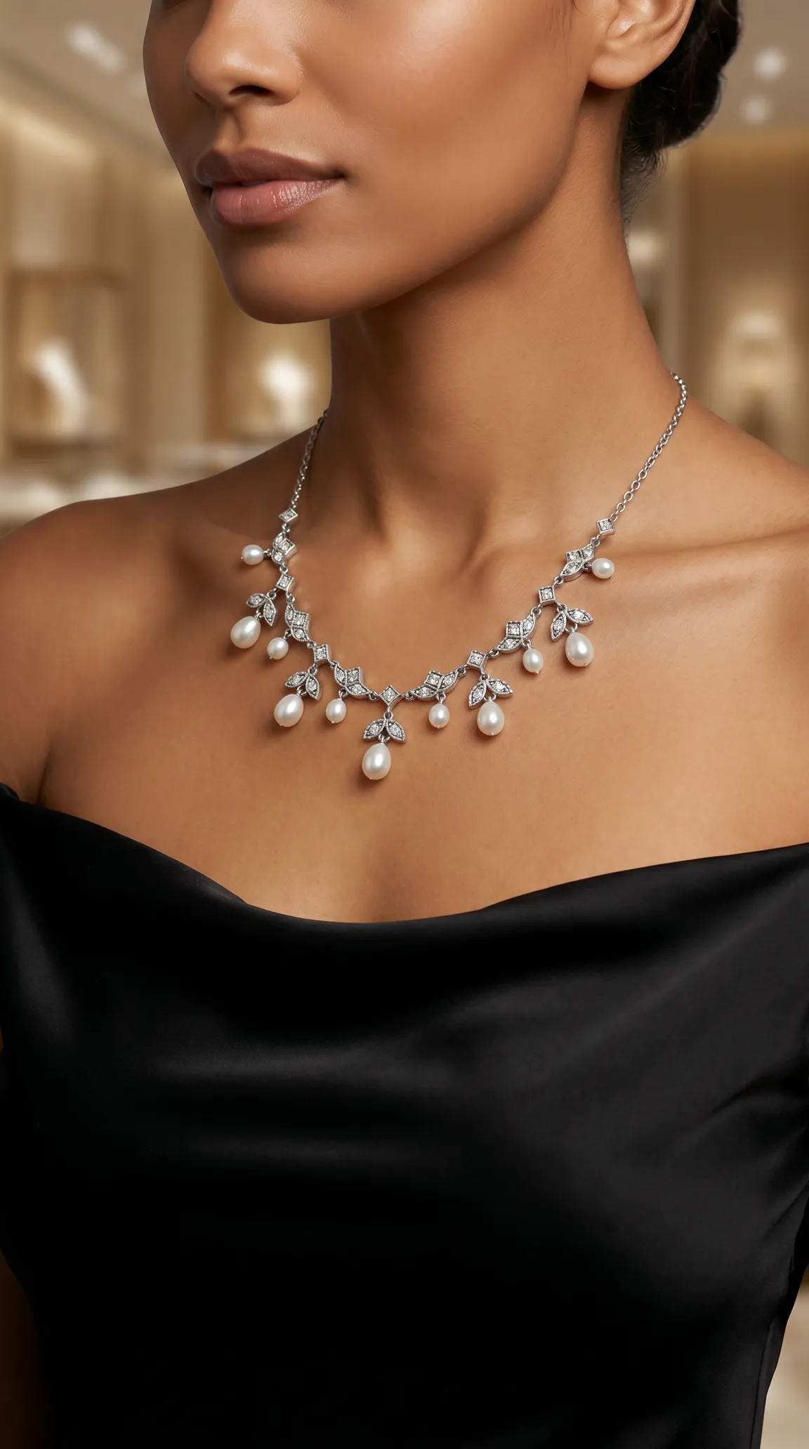 Vintage pearl and diamond necklace with intricate silver-toned setting, dangling teardrop pearls, and sparkling diamond accents on a model.