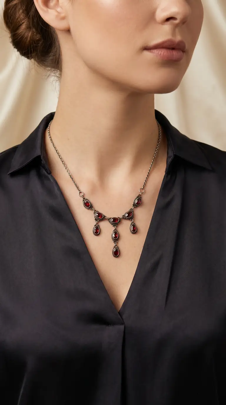 Vintage red garnet and silver necklace with antique design worn by a woman