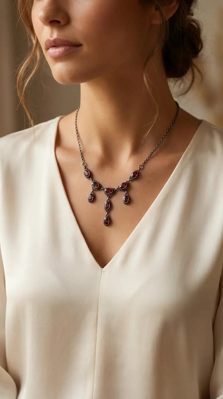 Vintage oxidized silver garnet drop necklace worn by a woman