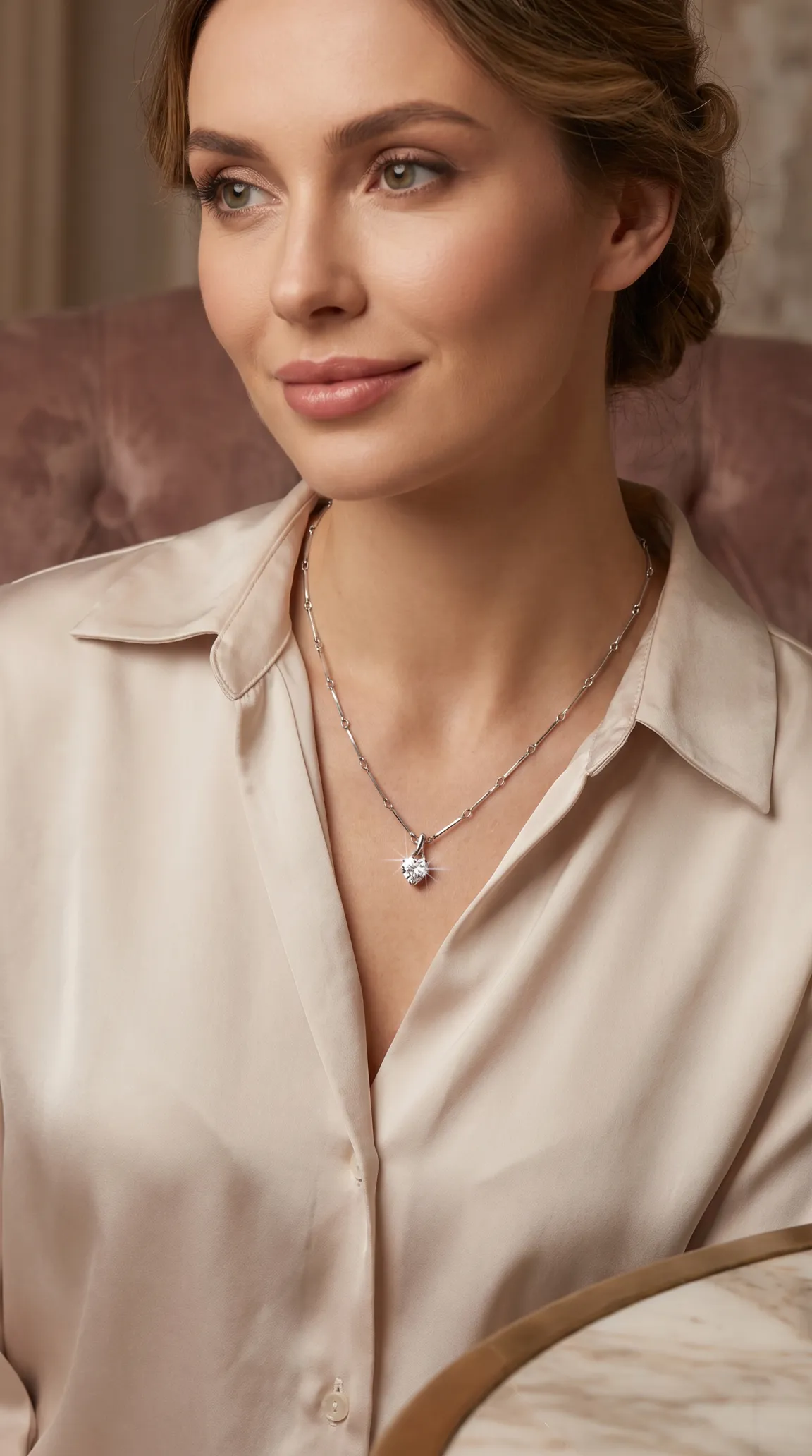 Elegant woman wearing a vintage-style silver chain necklace with a sparkling heart pendant.