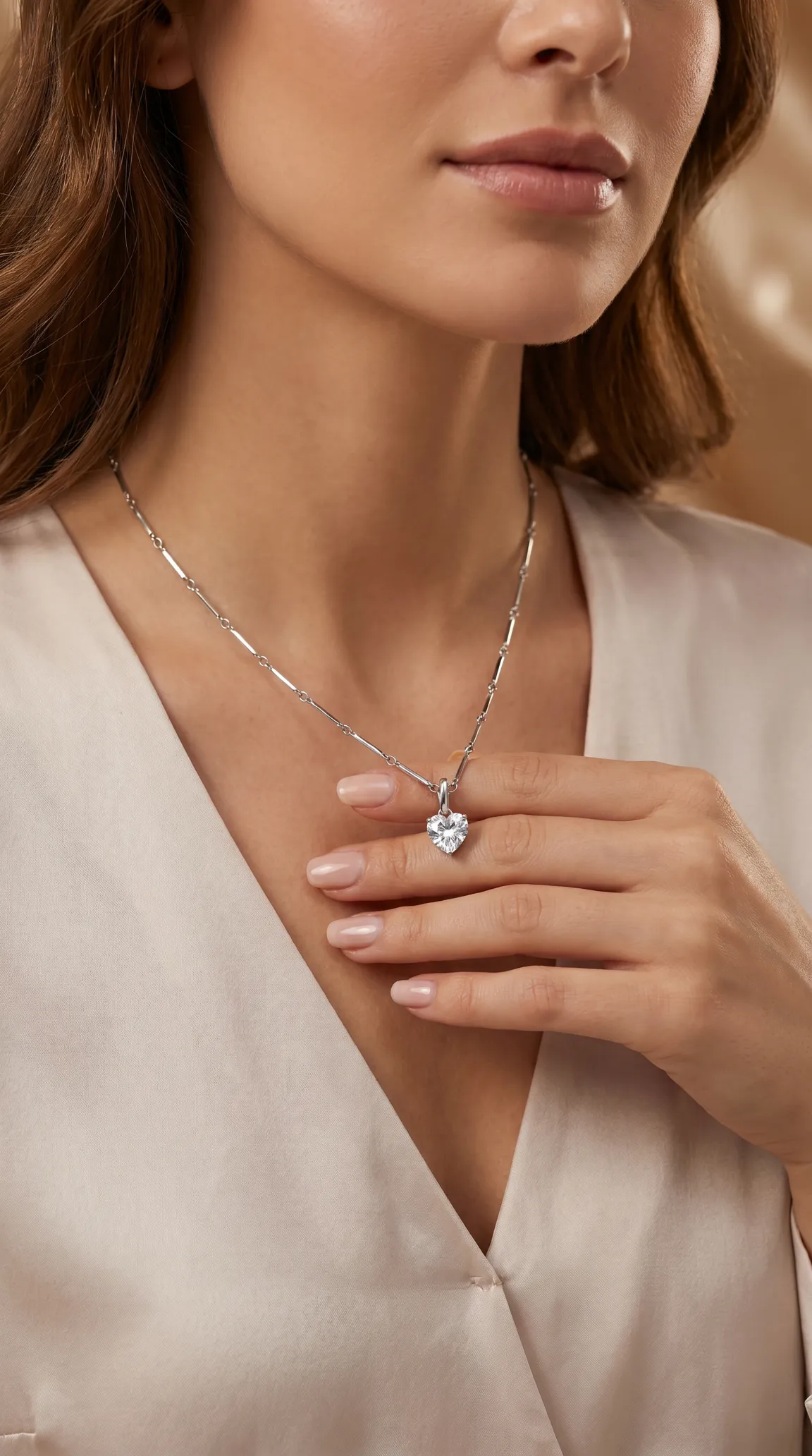 Vintage sterling silver bar and link chain necklace with sparkling heart pendant on a woman.