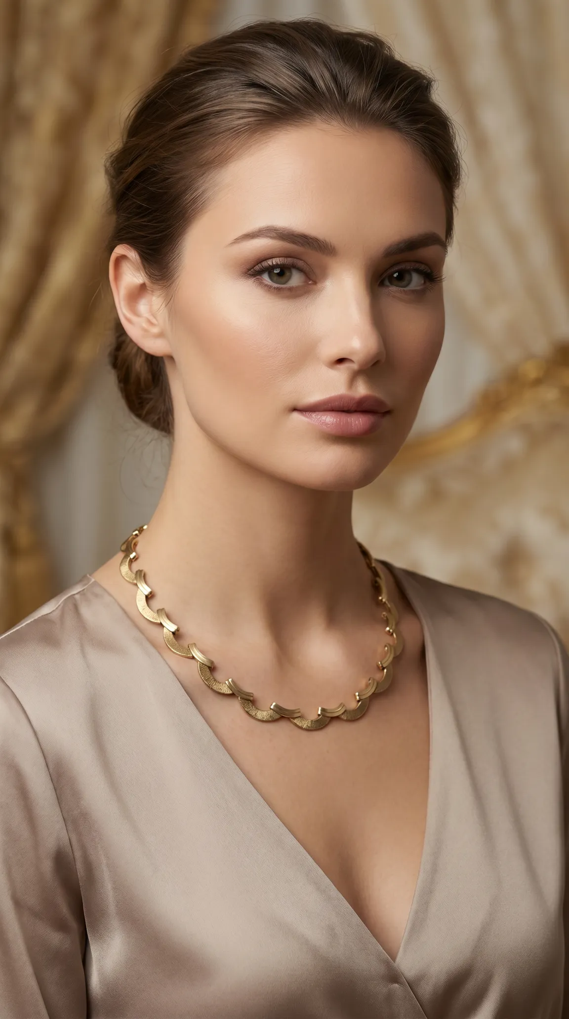 Vintage gold textured link necklace worn by a woman