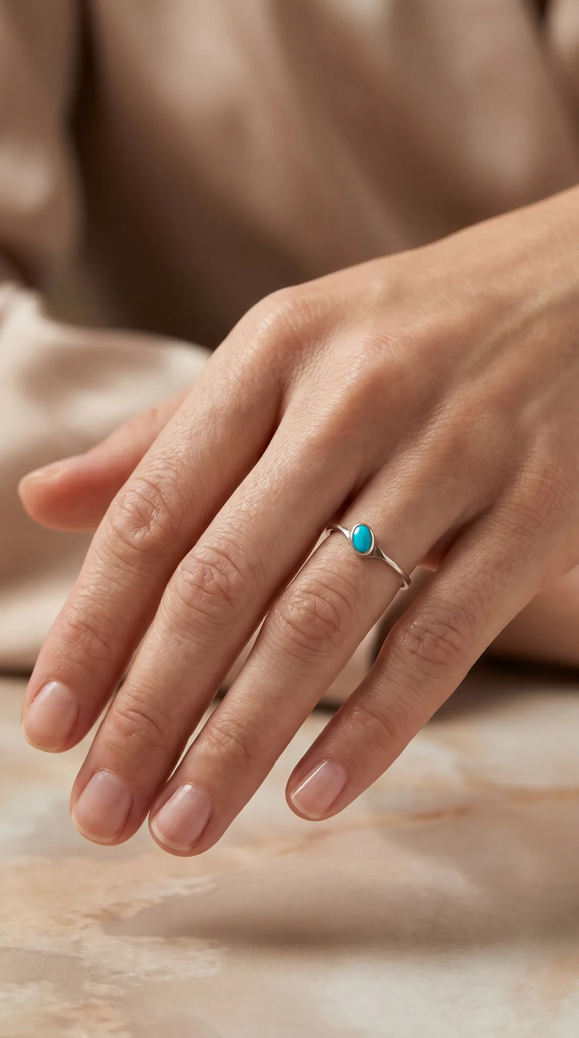 Vintage sterling silver ring with oval turquoise gemstone on a woman's hand