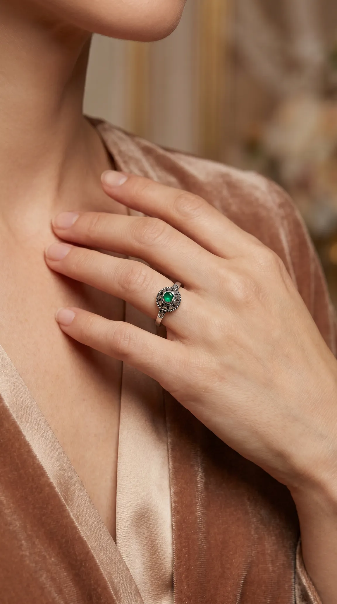 Vintage emerald ring with intricate sterling silver filigree design worn on a woman's hand