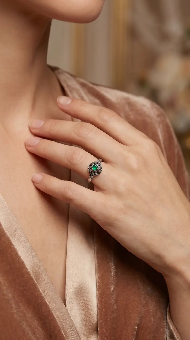 Vintage emerald ring with intricate sterling silver filigree design worn on a woman's hand