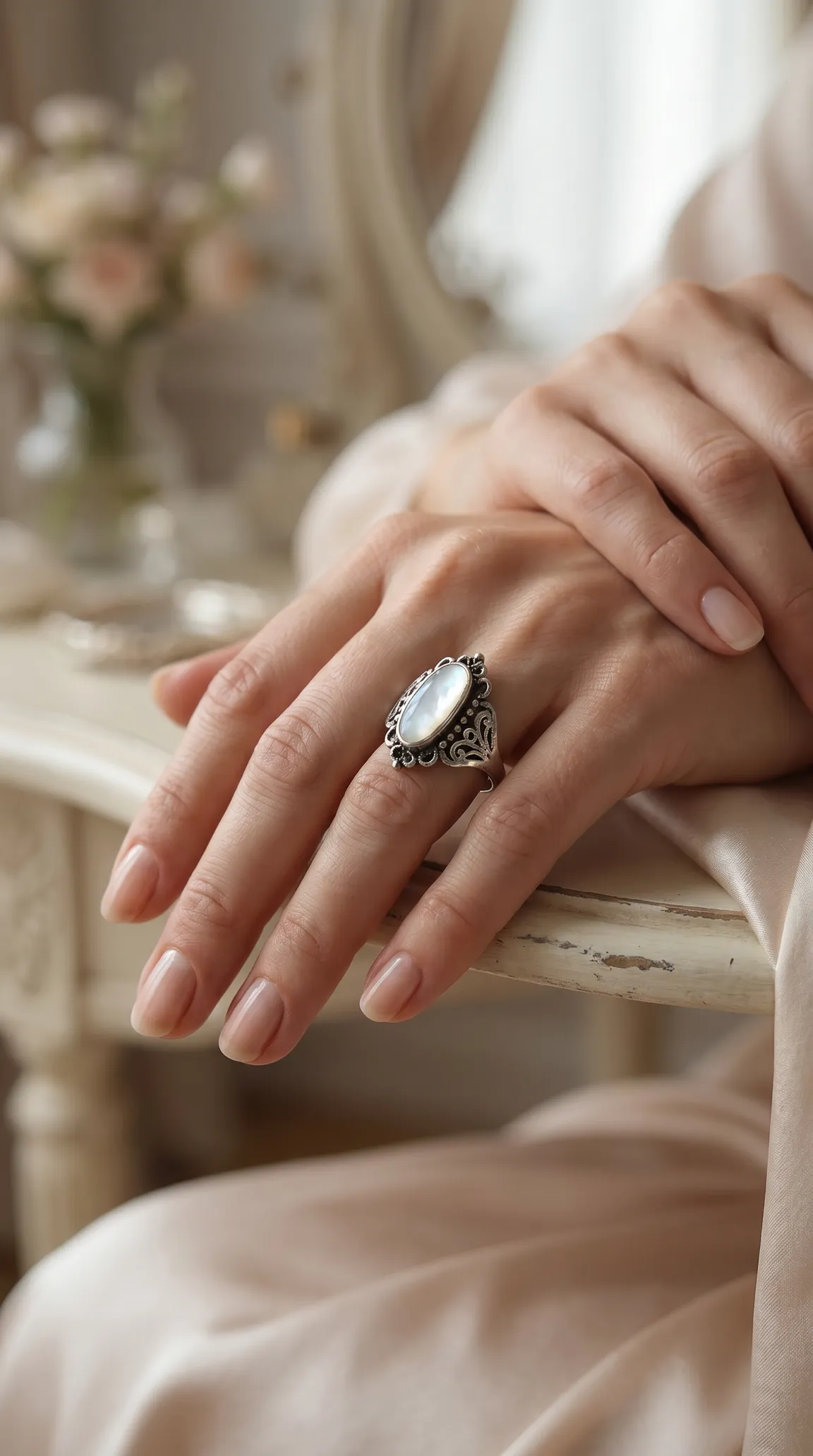 Vintage sterling silver ring with oval moonstone and filigree design on a woman's hand.
