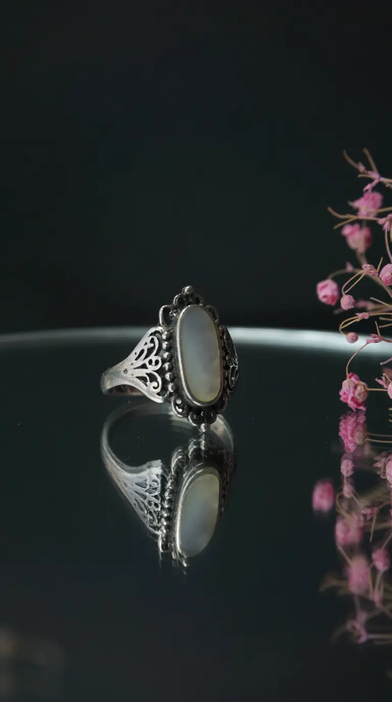 Vintage sterling silver ring with oval mother of pearl gemstone and intricate filigree design