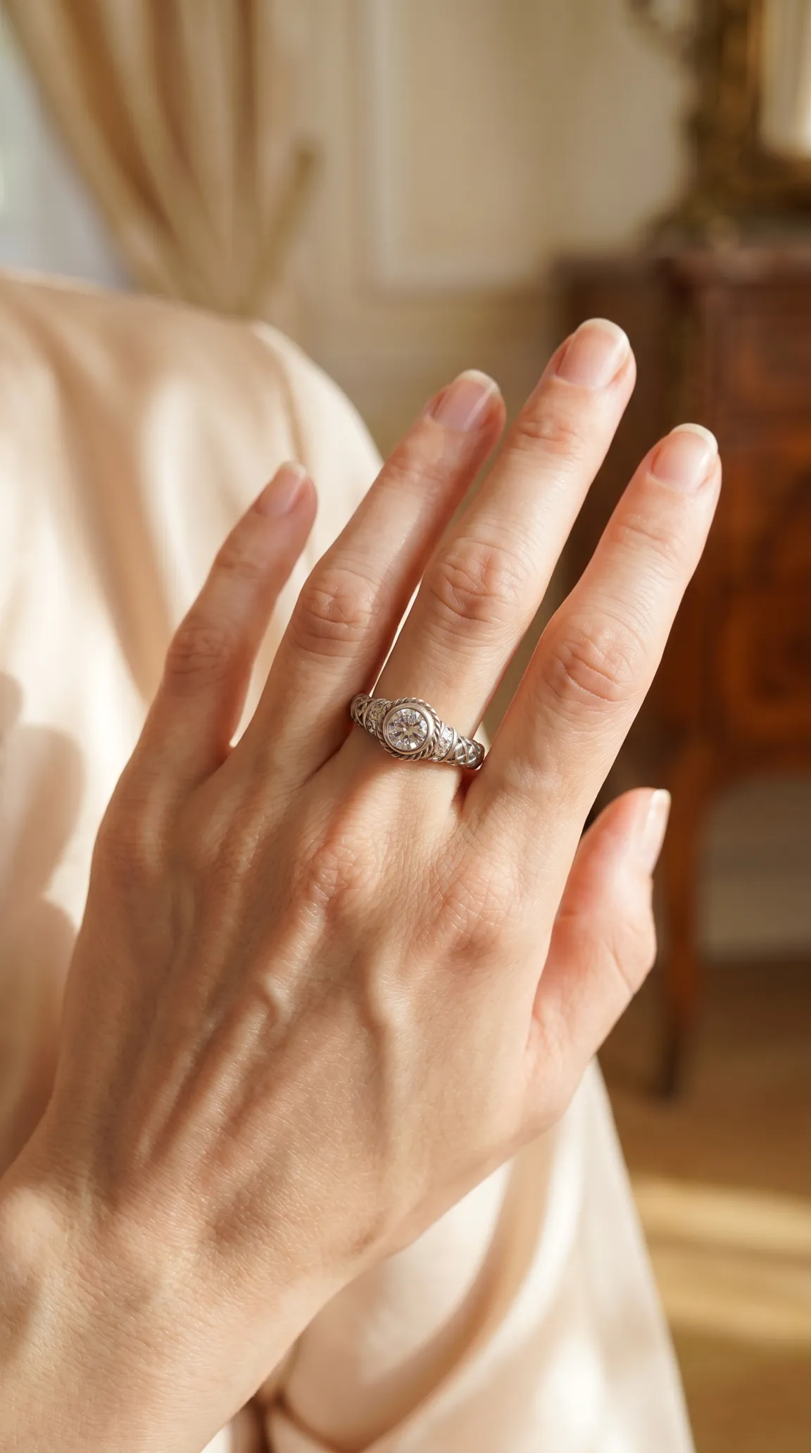 Vintage diamond ring, white gold with bezel-set round diamond and intricate milgrain detail on band, worn on a woman's hand.