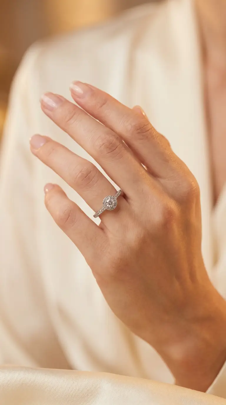 Vintage diamond halo engagement ring on a woman's hand