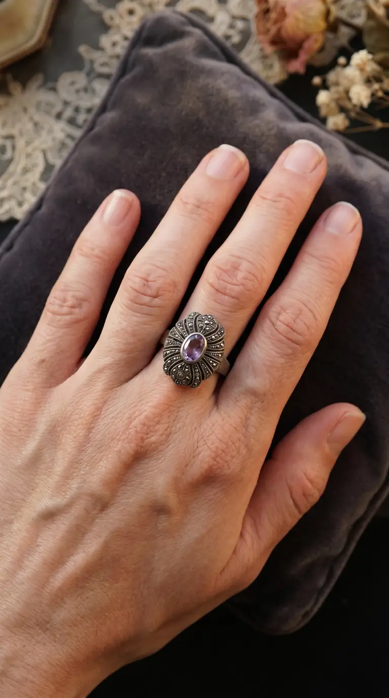 Vintage sterling silver marcasite ring with oval purple amethyst gemstone, worn on a hand.